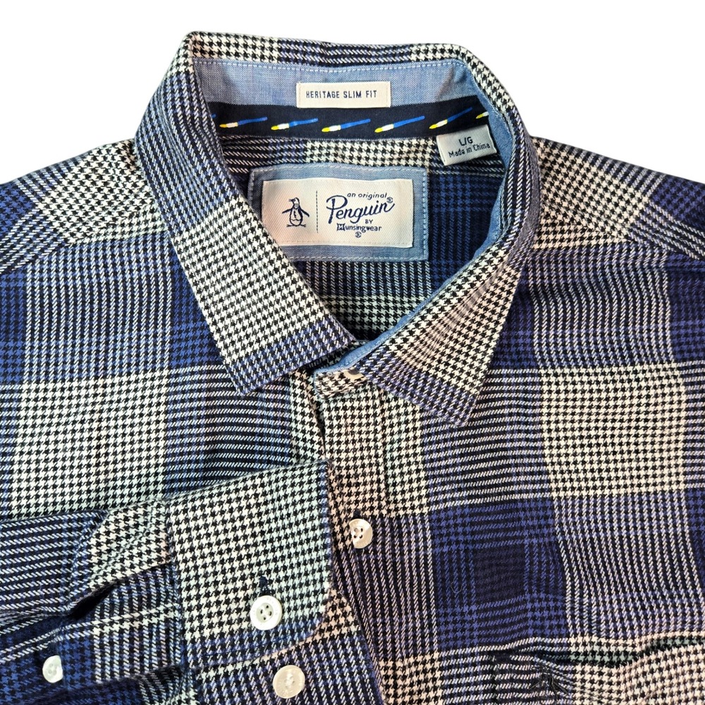 Original Penguin Heritage Slim Fit Blue Plaid Houndstooth Cotton Shirt Mens L